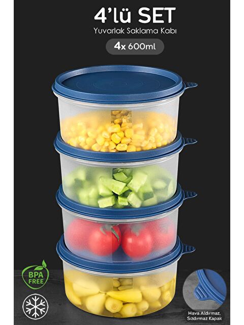 Meleni Home 4'lü Yuvarlak Gıda Saklama Kabı Seti 4x600 ml Lacivert - S000382945-21164