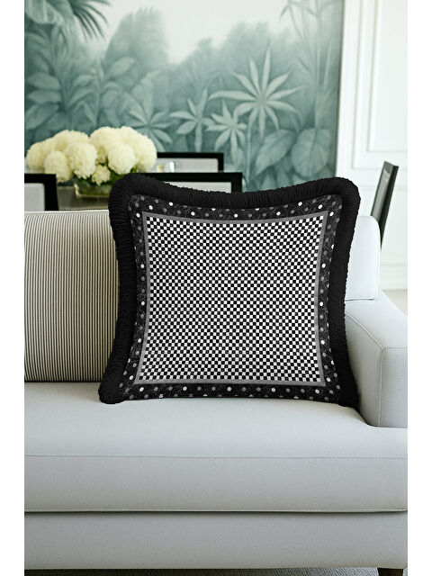 Milbay Grup Lüks Damalı Saçaklı Yastık Kılıfı - Monokrom Modern Siyah Gri Püsküllü Kırlent Kılıfı