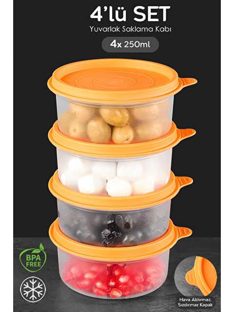 Meleni Home 4'lü Yuvarlak Gıda Saklama Kabı Seti 4x250 ml Turuncu - S000382947-20013