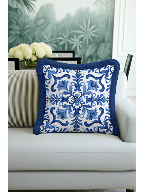 Milbay Grup Barok Lüks Mavi Saçaklı Yastık Kılıfı - Akdeniz Klasik Mavi Beyaz Püsküllü Kırlent Kılıfı