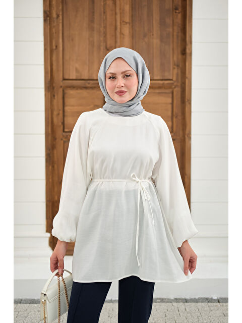 Locco Moda Kadın Bel Bağlamalı Tunik Beyaz
