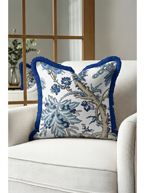 Milbay Grup Lüks Botanik Stil Saçaklı Yastık Kılıfı - Mavi Doğal Çiçek Rustik Fon Püsküllü Kırlent Kılıfı
