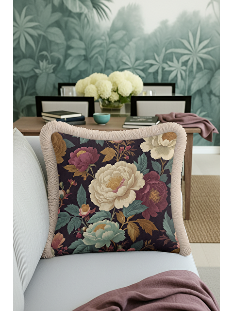 Milbay Grup Lüks Vintage Çiçekli Saçaklı Yastık Kılıfı - Klasik Rustik Gül Bordo Dekor Püsküllü Kırlent Kılıfı