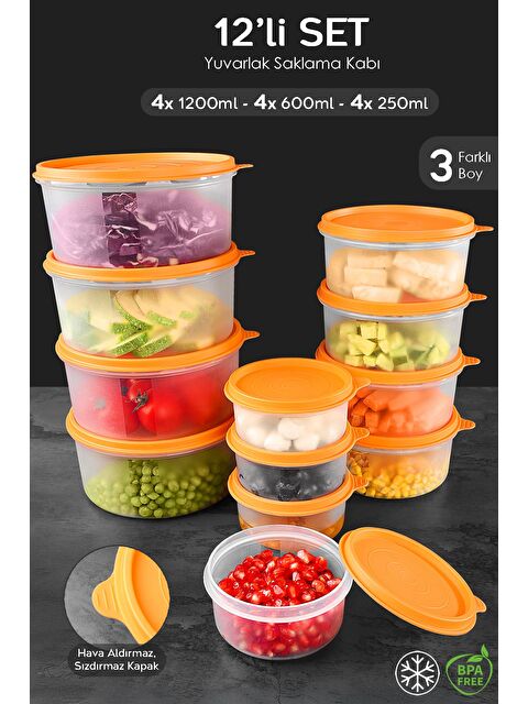 Meleni Home 12'li Yuvarlak Gıda Saklama Kabı Seti 4x250 4x600 4x1200 ml Turuncu - S000382951-20013