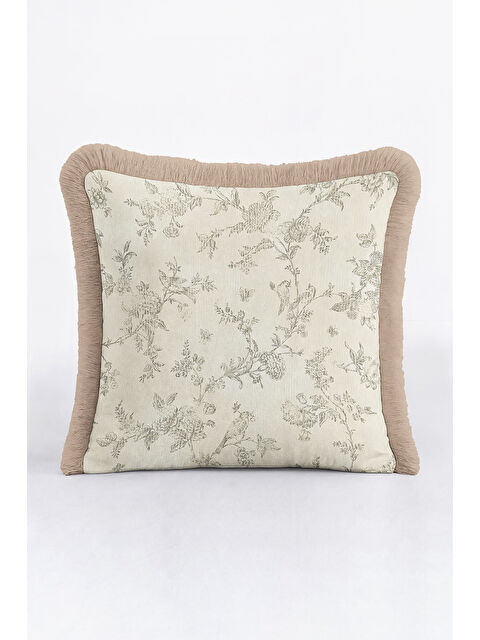 Milbay Grup Elegan Fransız Çiçekli Saçaklı Yastık Kılıfı - Vintage Country Bej Doğal Püsküllü Kırlent Kılıfı