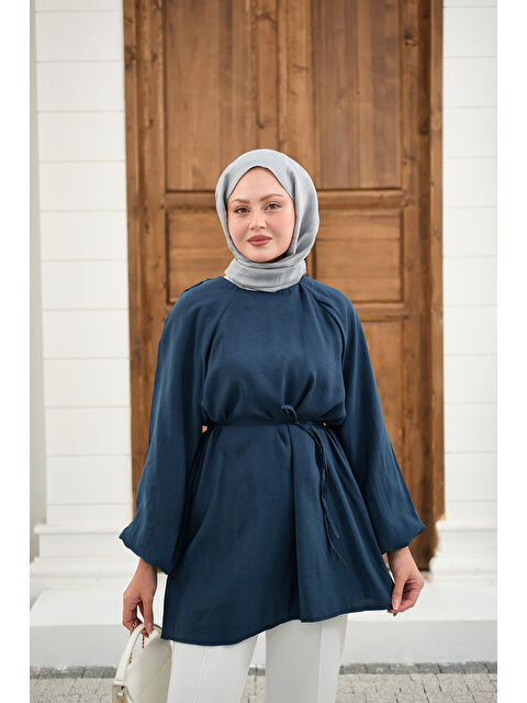 Locco Moda Kadın Bel Bağlamalı Tunik Petrol Mavi