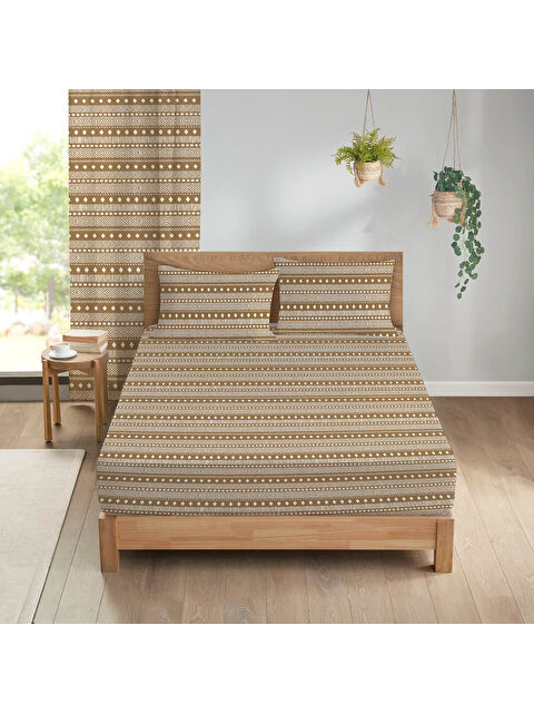 Evmila Geometrik Desenli Baskılı 180x200 Çift Kişilik Lastikli Çarşaf Seti Sarı - S000291122-23173