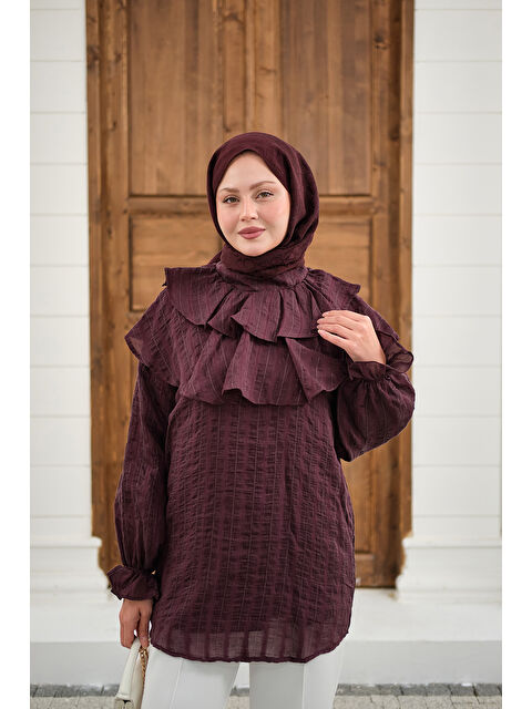 Locco Moda Kadın Kendinden Çizgi Desenli Yaka Büzgülü Tunik Mürdüm