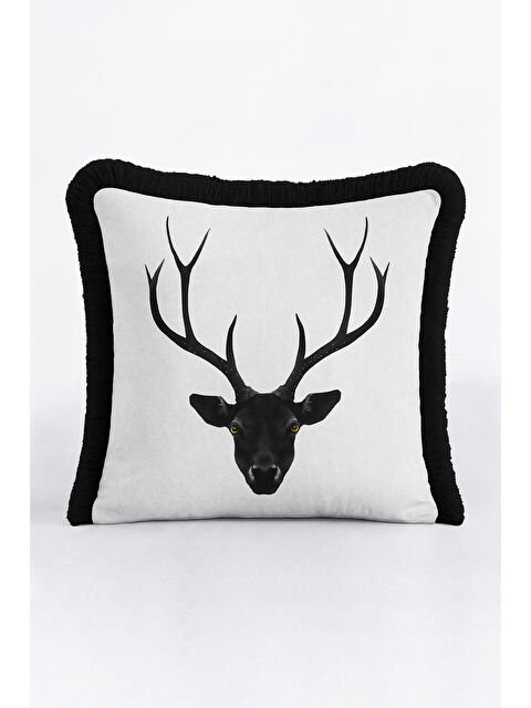 Milbay Grup Siyah Geyik Başı Saçaklı Yastık Kılıfı - Avangart Doğa Modern Siyah Beyaz Püsküllü Kırlent Kılıfı