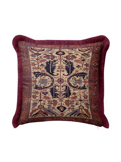 Milbay Grup Saray Halı Motifli Saçaklı Yastık Kılıfı - Klasik Etnik Bordo Altın Renkli Püsküllü Kırlent Kılıfı