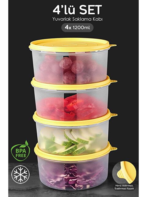 Meleni Home 4'lü Yuvarlak Gıda Saklama Kabı Seti 4x1200 ml Sarı - S000382958-20072