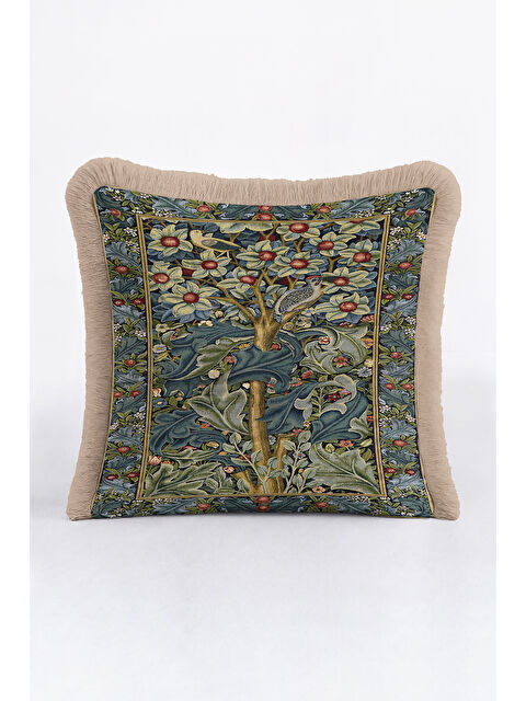 Milbay Grup Lüks Çiçekli Saçaklı Yastık Kılıfı - Sanatsal Doğa Temalı Klasik Yeşil Gold Püsküllü Kırlent Kılıfı