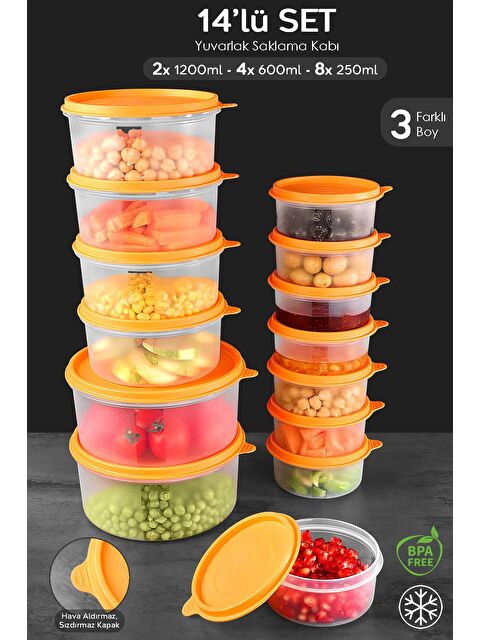 Meleni Home 14'lü Yuvarlak Gıda Saklama Kabı Seti 8x250 4x600 2x1200 ml Turuncu - S000382959-20013