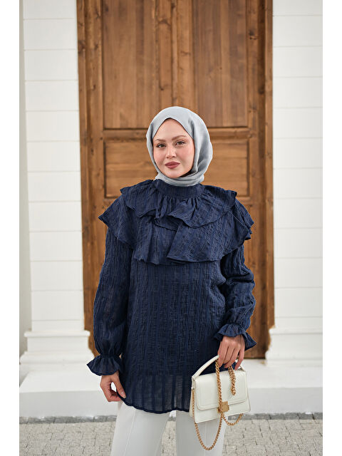 Locco Moda Kadın Kendinden Çizgi Desenli Yaka Büzgülü Tunik Lacivert