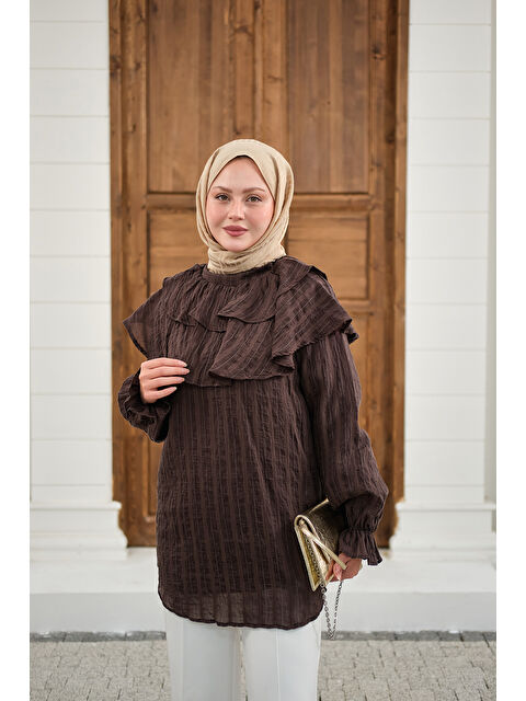 Locco Moda Kadın Kendinden Çizgi Desenli Yaka Büzgülü Tunik Kahverengi