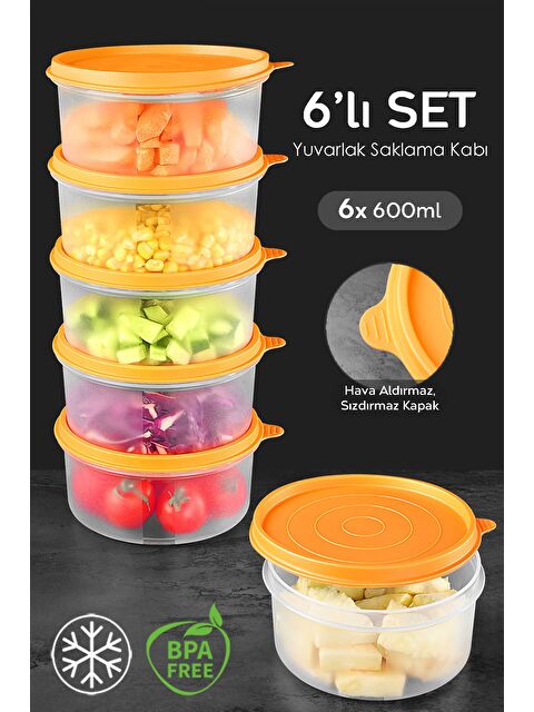 Meleni Home 6'lı Yuvarlak Gıda Saklama Kabı Seti 6x600 ml Turuncu - S000382961-20013