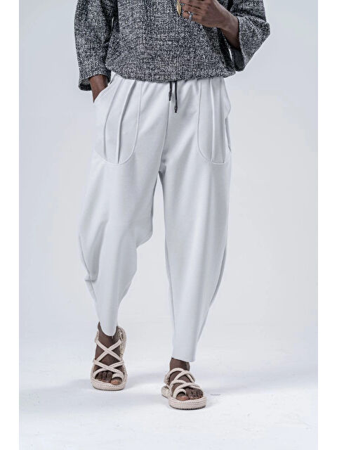 Hazelin Erkek Beyaz Beli İp Bağlamalı Bol Kesim Cepli Pantolon %100 Pamuk Eşofman Altı HZL24S-MXC9019-10 - S000442897-20063
