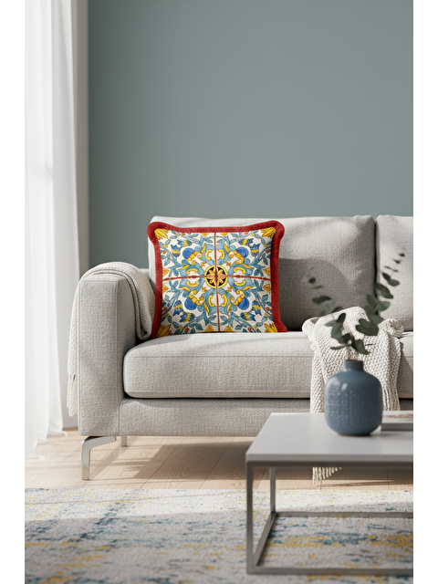 Milbay Grup Saray Esintili Saçaklı Yastık Kılıfı - Akdeniz Country Lacivert Sarı Kırmızı Püsküllü Kırlent Kılıfı