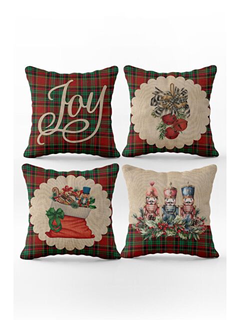 Evmila Çift Taraf Baskılı Kadife Doku Yılbaşı Desenli 4'lü Kırlent  Kılıfı Seti - S000111016-23173