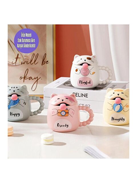 Bam Hediyelik Eşya Sevimli Kedi Kapaklı Seramik Kupa