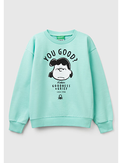 United Colors Of Benetton Kız Çocuk Su Yeşili Peanuts Baskılı Logo Etiketli Bisiklet Yaka Sweatshirt - S000358367-20054