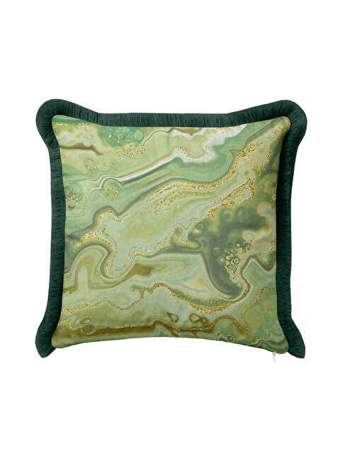 Milbay Grup Zümrüt Mermer Saçaklı Yastık Kılıfı - Lüks Bohem Yeşil Altın Renkli Püsküllü Kırlent Kılıfı