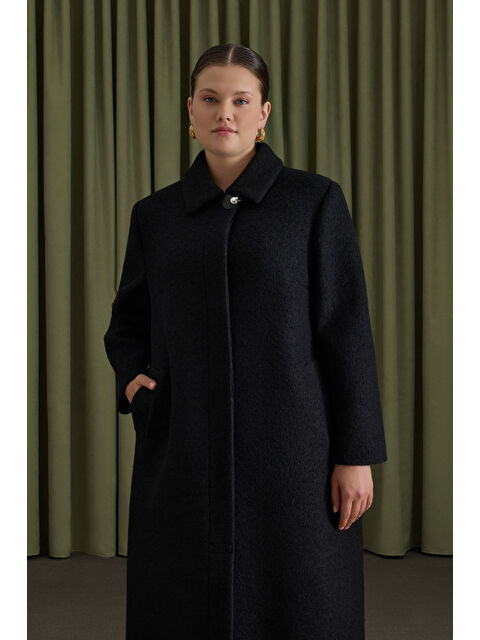 AKER Siyah Seyyar Şal Detaylı Yün Kaban - S000494494-19351