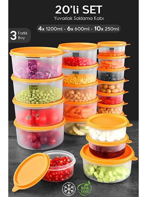 Meleni Home 20'li Yuvarlak Gıda Saklama Kabı Seti 10x250 6x600 4x1200 ml Turuncu - S000382970-20013