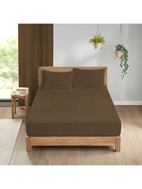 Evmila Düz Kahverengi Baskılı 180x200 Çift Kişilik Lastikli Çarşaf Seti Kahverengi - S000291121-23173