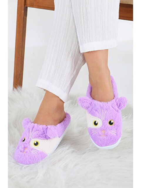 Tofisa Kadın Lila Kedi İşleme Detaylı Ev Terliği - 27778-LILA - S000463444-17878