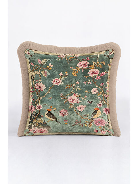 Milbay Grup Bahar Kuşlu Saçaklı Yastık Kılıfı - Vintage Çiçekli Klasik Bohem Yeşil Püsküllü Kırlent Kılıfı