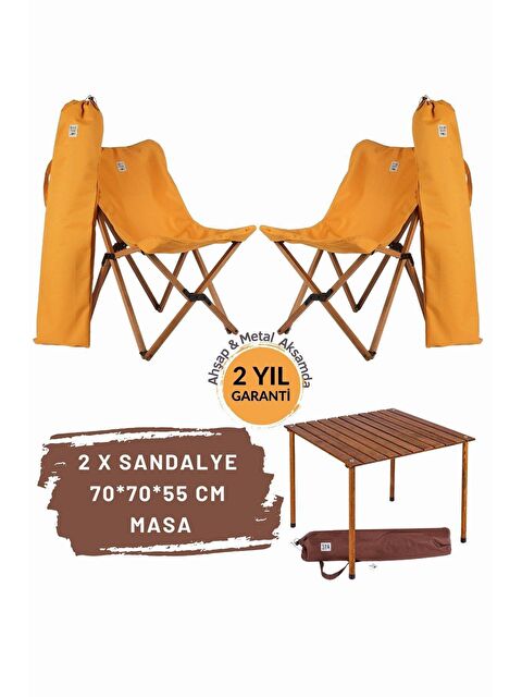 Bag The Joy Ahşap Katlanır Kahverengi - Hardal Masa Sandalye Seti  70*70*55cm - S000233355-20074