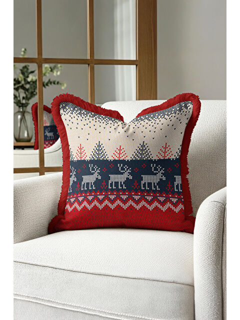 Milbay Grup Nordik Geyik Motifi Saçaklı Yastık Kılıfı - Kış Tema Rustik Kırmızı Lacivert Püsküllü Kırlent Kılıfı