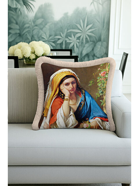 Milbay Grup Avangart Portre Saçaklı Yastık Kılıfı - Sanatsal Klasik Vintage Mavi Gold Püsküllü Kırlent Kılıfı