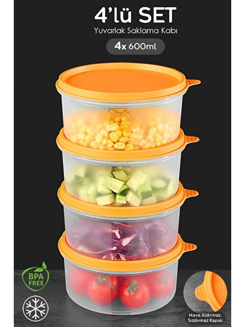 Meleni Home 4'lü Yuvarlak Gıda Saklama Kabı Seti 4x600 ml Turuncu - S000382977-20013