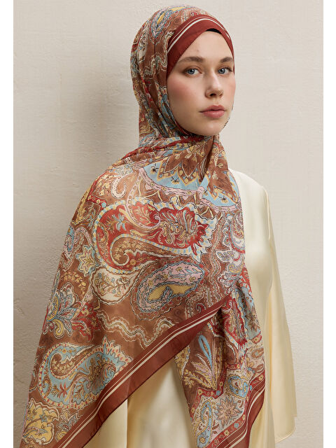 Fresh Scarfs Dark Bohemy Desen İpek Krep Şal Kiremit - S000420280-18657