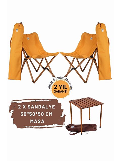 Bag The Joy Ahşap Katlanır Kahverengi - Hardal Masa Sandalye Seti  50*50*50cm - S000233381-20074