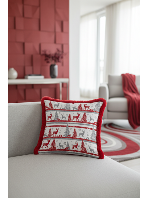 Milbay Grup Nordik Geyik Temalı Saçaklı Yastık Kılıfı - Kış Rustik Kırmızı Gri Püsküllü Kırlent Kılıfı