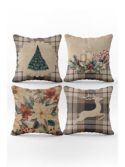 Evmila Çift Taraf Baskılı Kadife Doku Yılbaşı Desenli 4'lü Kırlent Kılıfı  Seti - S000111018-23173