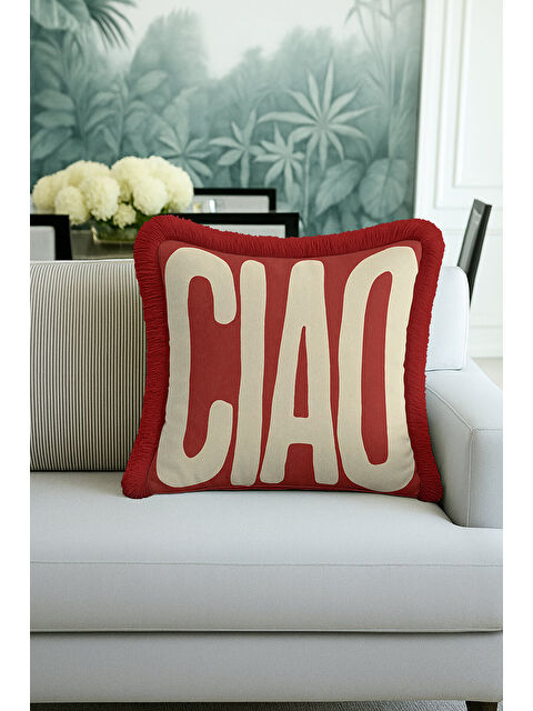 Milbay Grup Modern Retro Yazılı Saçaklı Yastık Kılıfı - Büyük Tipografi Bohem Kırmızı Püsküllü Kırlent Kılıfı