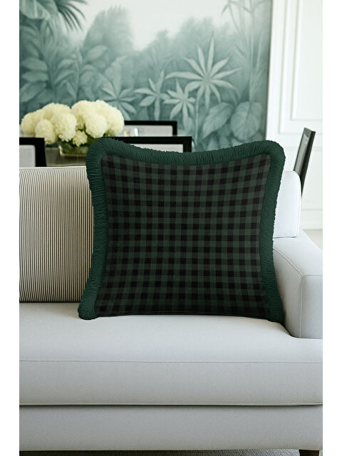 Milbay Grup Lüks Ekose Saçaklı Yastık Kılıfı - Yeşil Kareli Klasik Rustik Püsküllü Kırlent Kılıfı