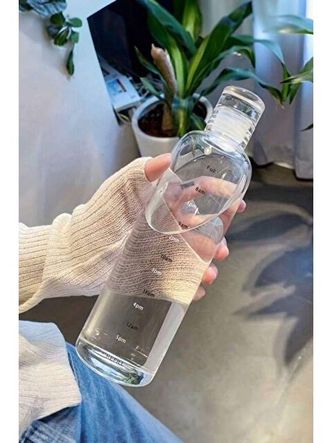 Porsima 2407 Borosilikat Cam Su Şişesi - Su Içme Saatli Matara Suluk - Baş Ucu Sürahisi-şeffaf - S000233379-26865