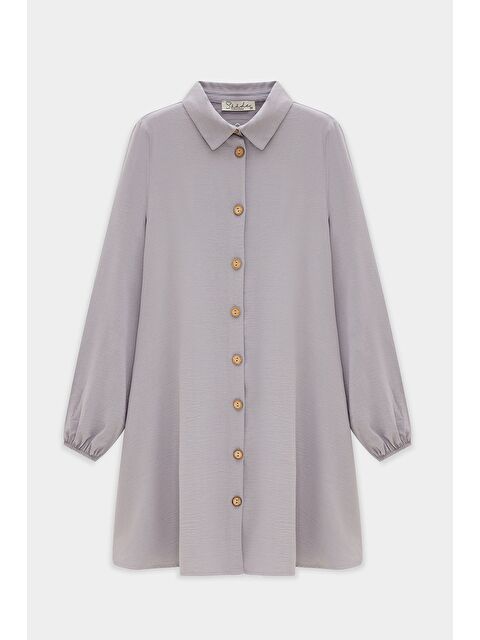 Saade Gri Kadın Gömlek Yaka Ahşap Düğmeli Kolağzı Lastikli Aerobin Dokuma Tunik - Regular Fit