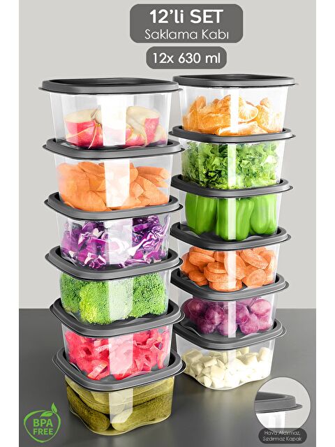 Meleni Home 12 Adet Kare Erzak Gıda Saklama Kabı 630 ml Antrasit - S000382985-20600