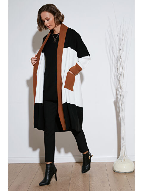 Lela Modest Renk Bloklu Uzun Triko Kadın Hırka 4616172 - S000243012-1358