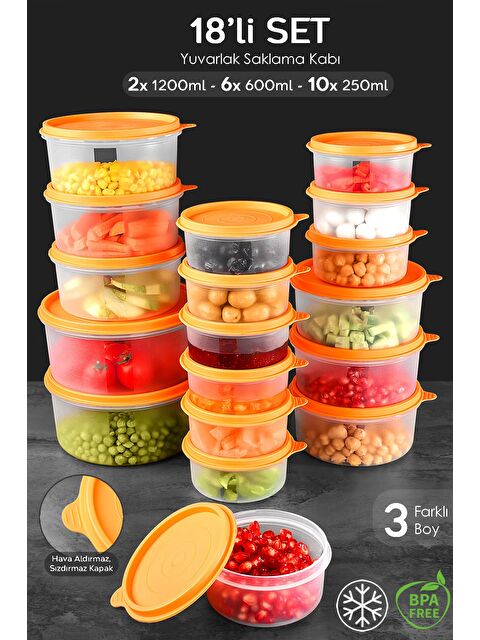 Meleni Home 18'li Yuvarlak Gıda Saklama Kabı Seti 10x250 6x600 2x1200 ml Turuncu - S000382987-20013