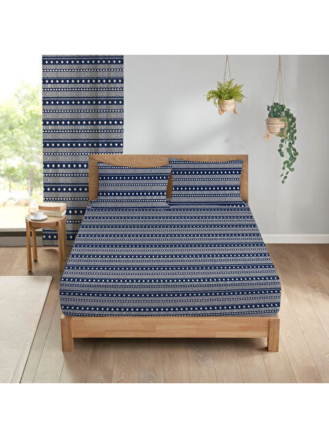 Evmila Geometrik Desenli Baskılı 180x200 Çift Kişilik Lastikli Çarşaf Seti Lavivert - S000291126-23173