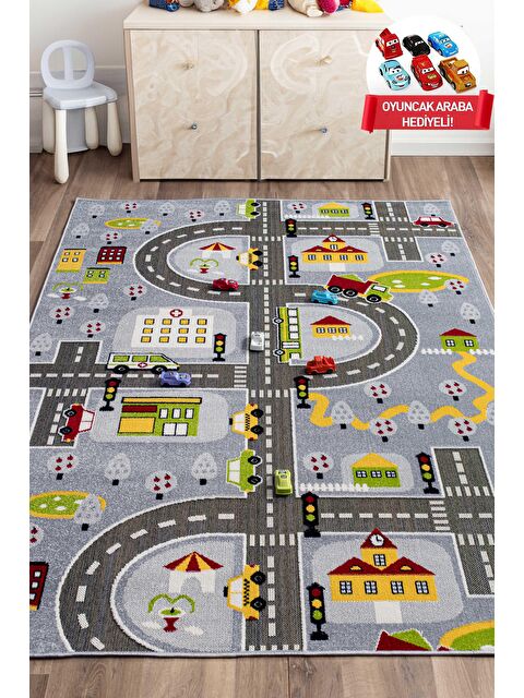 Konfor Halı Anaokulu Kreş Oyun Halısı 3 Boyutlu Dokuma Gri Trafik Halı-140x200 - S000245890-20600
