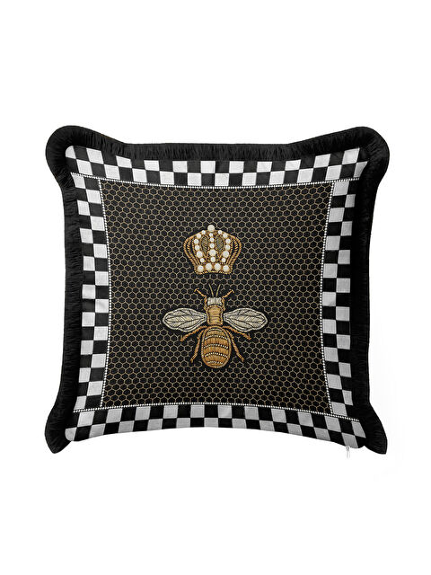 Milbay Grup Lüks Arı Nakışlı Saçaklı Yastık Kılıfı - Kraliyet Taç Motifli Siyah Gold Püsküllü Kırlent Kılıfı