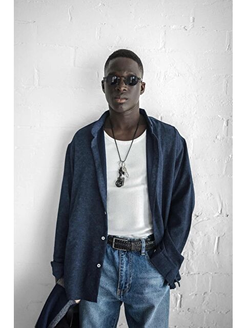 Abluka Online Erkek Uzun Kollu Desenli Oversize Gömlek Lacivert - S000365707-21164